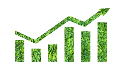 arrow graph made from green grass or leaves isolated on transparent background, go green concept, PNG