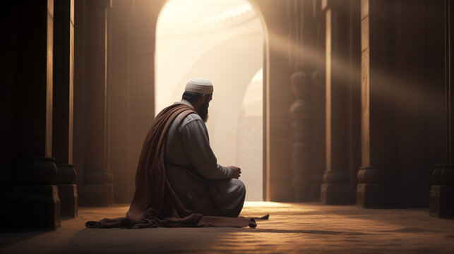 Muslim Man Praying in Mosque, Dua, Praying, Ramadan Kareem Concept, Islamic Background, Generative Ai