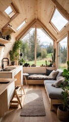 Interior of cozy tiny house with forest view. Generative Ai