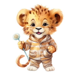 Baby lion bedtime wearing pajama and holding tooth brush Illustration, Generative Ai