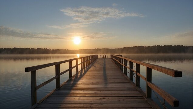 Lake pier at sunset. Generative AI
