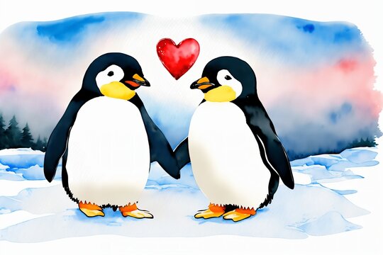 watercolor drawing of two cute penguins in love for Valentine's Day