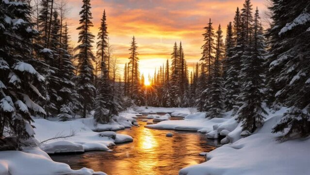 Beautiful natural scenery at sunset with river and pine trees in winter with snowfall. seamless looping  time-lapse virtual video animation background. 
