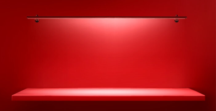 Red wall background with shelf and long lamp light. 3d bookshelf podium for product display with spotlight. Realistic vector illustration of studio or gallery empty platform with highlight mockup.