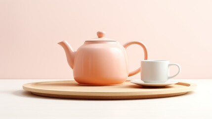Pastel peach color teapot on a tray