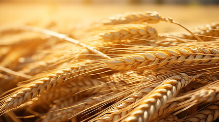 Golden ears of wheat with sheaves of hay in the background. High quality photo - obrazy, fototapety, plakaty