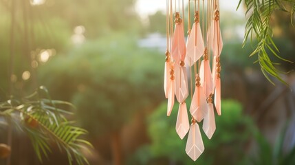 Pastel peach wind chimes hanging in a garden