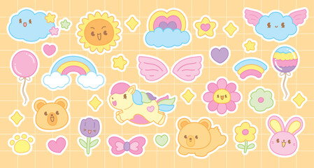 cute sweet pastel hand drawn cartoon graphic element vector set with white outline in kawaii style