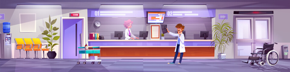 Hospital reception hall interior with woman receptionist and man doctor looking on X-ray image. Cartoon scenery of waiting area of medical service and healthcare department with registration counter.