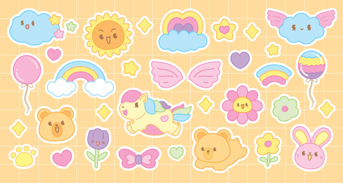 cute sweet pastel hand drawn cartoon graphic element vector set with white outline in kawaii style