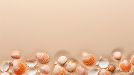 Fototapeta na wymiar Peach-colored seashells on sand, copy space