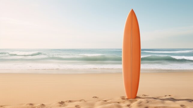 Peach-colored surfboard on the shore