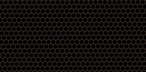 Abstract Geometric seamless pattern hexagon background with golden stoke. honeycomb grid seamless pattern, vector illustration. Abstract black hexagon mesh background vector illustration.