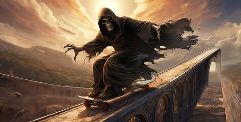 the grim reaper grinding on a rail with a skateboard - obrazy, fototapety, plakaty