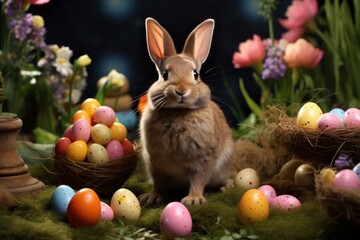 Fototapeta na wymiar A charming rabbit amidst a festive arrangement of colorful speckled Easter eggs and spring flowers