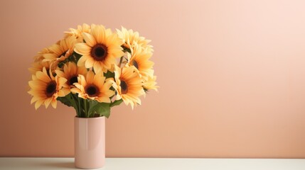 Peachy background with sunflower bouquet in a vase. Copy space.