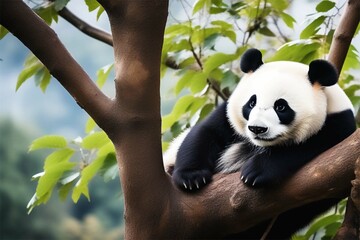Cute white and black panda bear sits on a tree with green leaves.