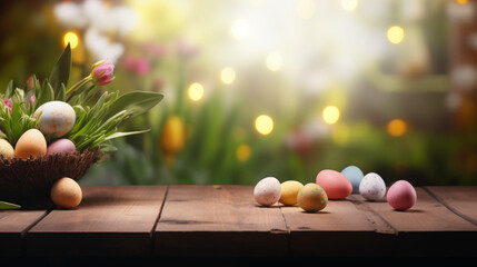 Emmpty wooden table background - easter spring theme - 696194573