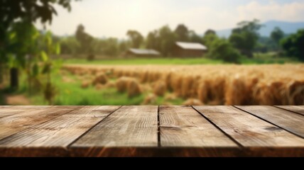 The empty wooden brown table top with blur background of farm and barn. Exuberant image. generative AI