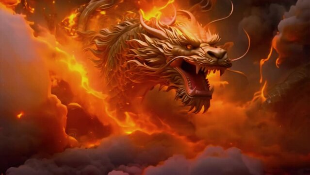 Chinese new year dragon in the fire 4k animation.