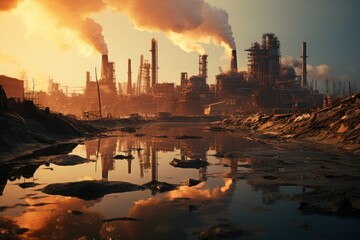 A dystopian industrial landscape at dusk, with smokestacks bellowing pollution into the hazy sky - 696195521