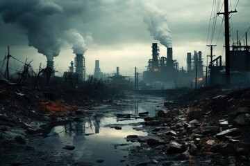 Industrial dystopia with towering smokestacks emitting pollution into a bleak, overcast sky - obrazy, fototapety, plakaty
