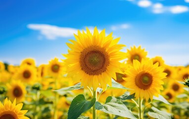 Fototapeta premium Sunflowers in a field with blue sky background. Generative AI.