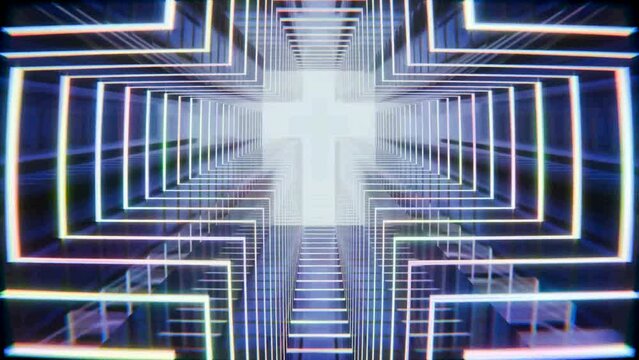 A 3D motion graphic of a light tunnel zooming in towards the Holy Christ cross light shape, presented in abstract art motion.