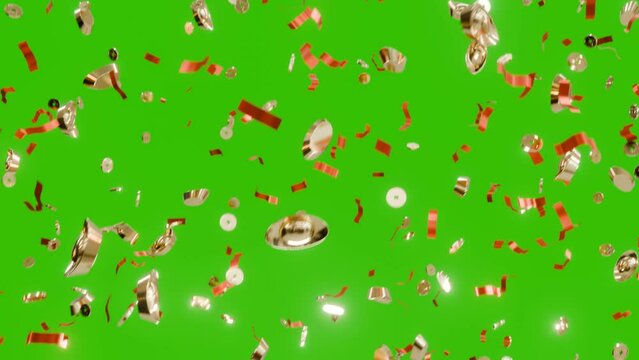 A 3D motion graphic of falling golden ingots, coins, and confetti, symbolizing the jackpot or success and luck concept in Asian culture.