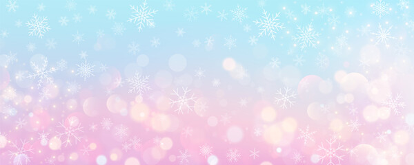 Christmas snowy background. Cold pink blue winter sky. Vector ice blizzard on gradient texture with bokeh and flakes. Festive new year theme for season sale wallpaper. - obrazy, fototapety, plakaty