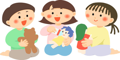 人形遊びをする男の子・女の子

