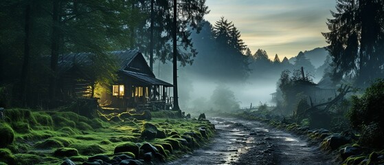 A quaint little wooden home amid a misty woodland. ..