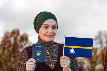 Muslim Woman Holding Passport and Flag of Nauru
