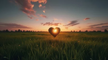 Fotobehang Donkergrijs Heart shape in the grass field at sunset