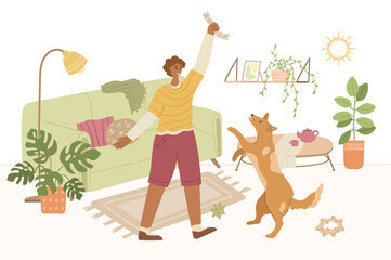 happy pet owner with dog in cozy interior of living room. Pet sitter and friendly service concept. People playing with animal friends at home. Colored flat hand drawn vector illustration.