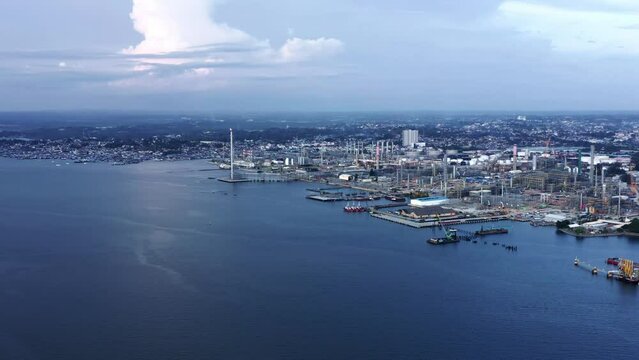 Panoramic View Of PT Pertamina Oil Refinery Plant In Balikpapan Port, Kalimantan, Indonesia - Drone Shot
