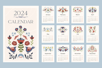 Folk hygge calendar 2024, whole year calendar printable template A4 format with folklore nordic motif with flowers and birds, hand drawn vector design