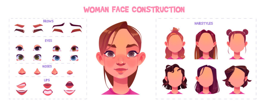 Woman face construction kit with cartoon facial parts for creation young female avatars with different nose and eyes, brows and hairstyles. Vector of girl head elements set for emotion generator.