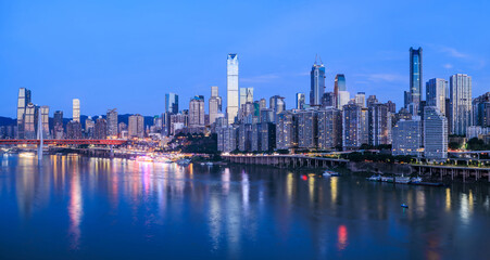 Panoramic view of city skyline and modern buildings in Chongqing at dusk, China. Famous travel destinations in China.
