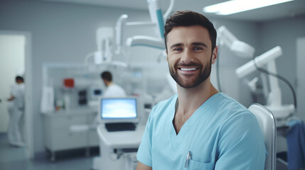 Fototapeta na wymiar Handsome male dentist wearing a coat Standing with arms crossed, beautiful smile 