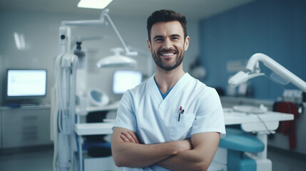 Handsome male dentist wearing a coat Standing with arms crossed, beautiful smile
 - Powered by Adobe