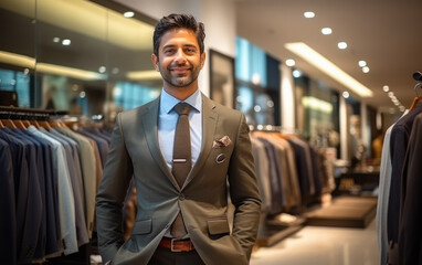 Fototapeta na wymiar young indian businessman standing at clothing store