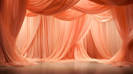 Smooth coral and peach fabric drapery with a silky appearance and soft lighting