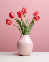 Bouquet of pink tulips in a vase on a white table