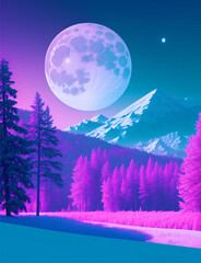 Full moon rising over a snowy mountain and a pink forest