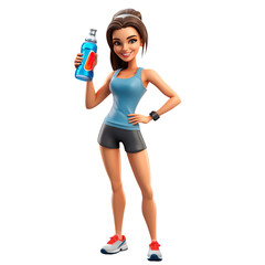 3d cartoon character a young sporty woman standing smiling holding a water bottle in her hand, digital illustration