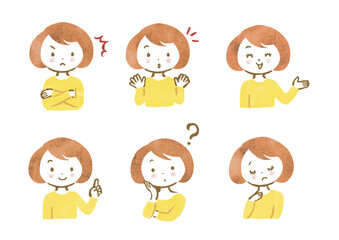 色々な表情の女性上半身手描きイラストセット