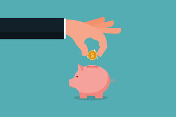 A businessman hand put a gold coin in a pink piggy bank. Saving and finance concept. Vector illustration in cartoon style