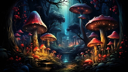 Fantasy Wonderland fairytales magical forest Mystic Mushroom Haven at Duske - obrazy, fototapety, plakaty