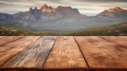The empty wooden brown table top with blur background of Cradle mountain in Tasmania. Exuberant image. generative AI - obrazy, fototapety, plakaty